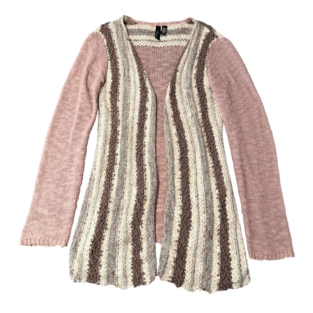 BKE Boutique Cardigan Sweater Womens L Pink Cotton Boho Open Front Mixed Knit
